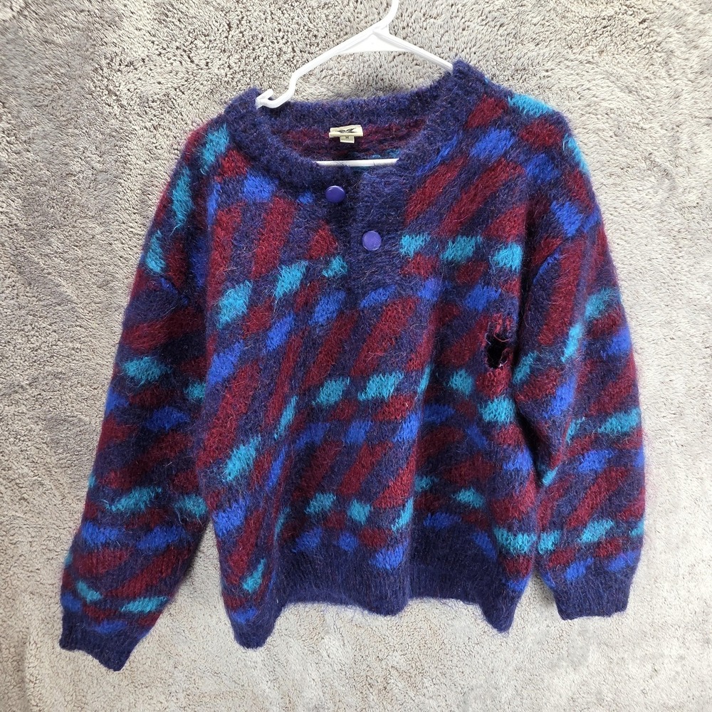 Vintage Icelandic Design Sweater Womens M Blue Mohair Wool Blend Pullover Knit